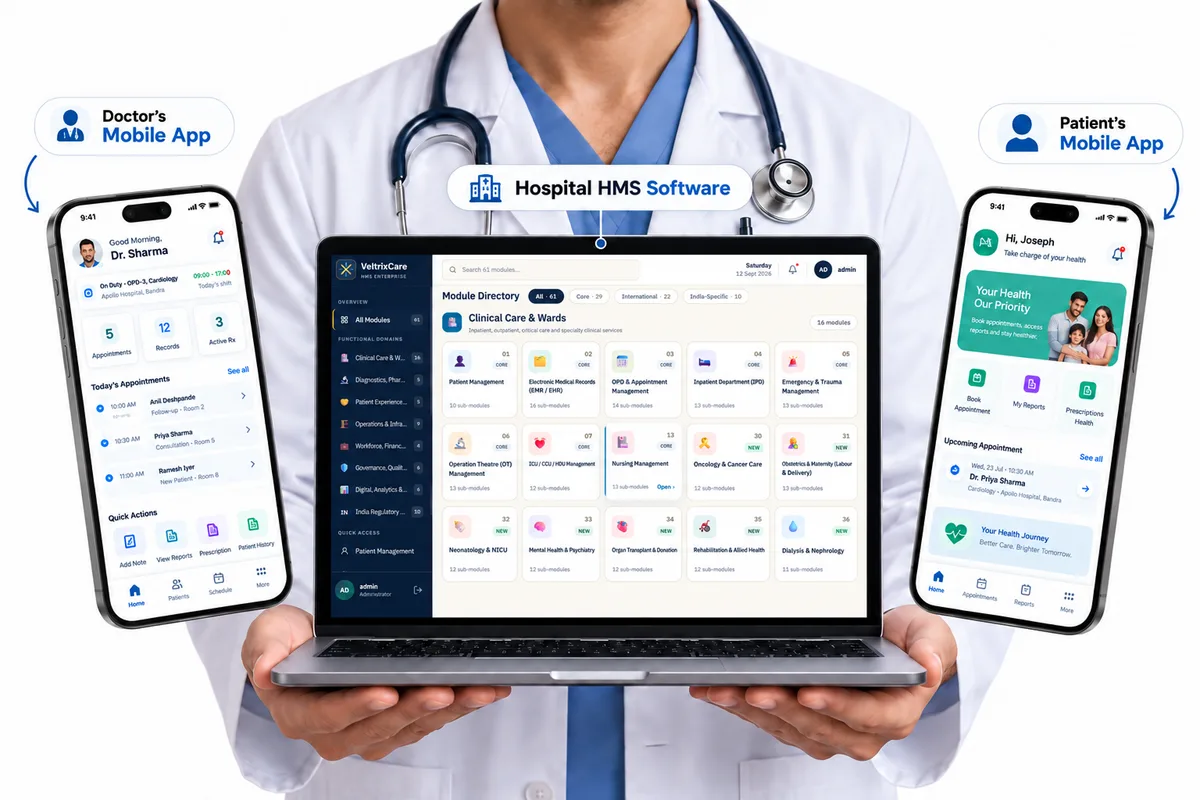 kNODE Hospital HMS software on laptop with Doctor's and Patient's mobile apps