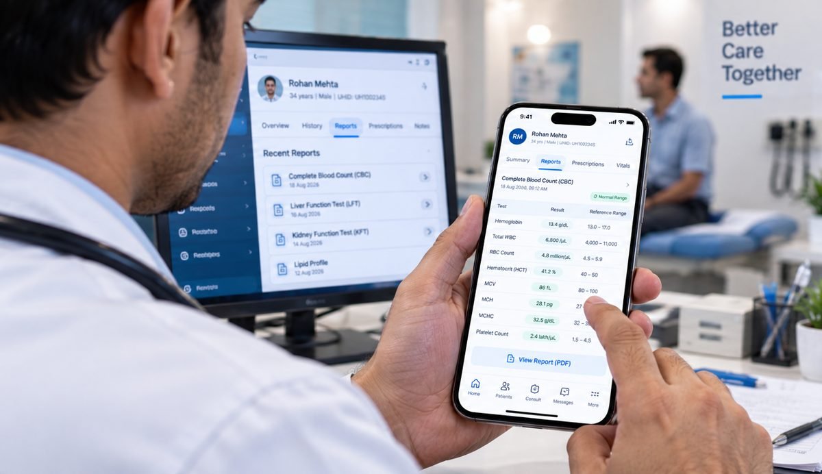 Doctor viewing kNODE patient lab reports on phone and desktop